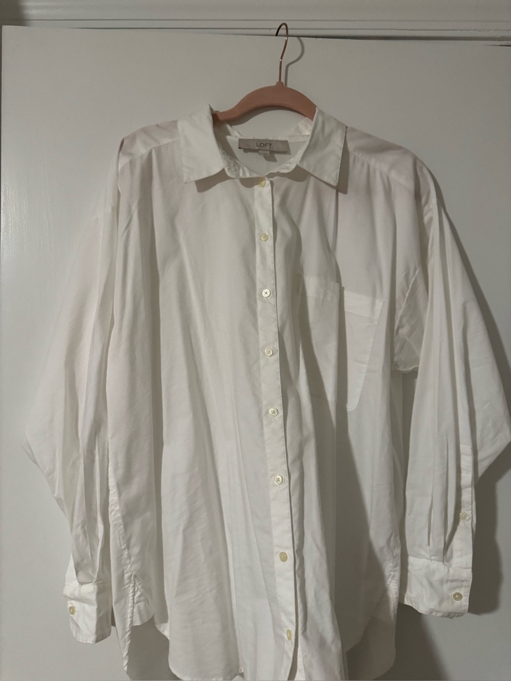 LOFT White Cotton Blend Everyday Oversized Pocket Shirt Button Down L EUC